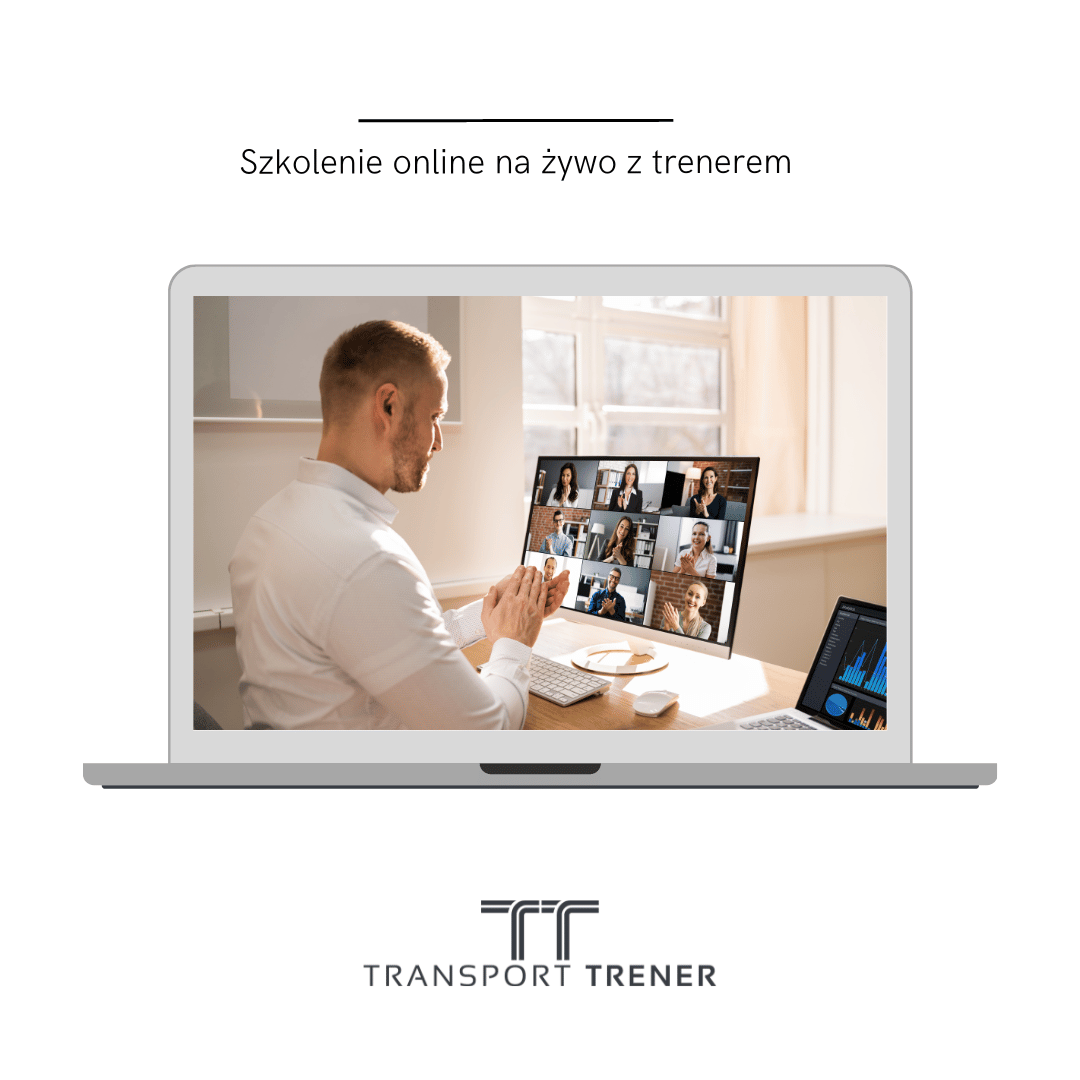 Kursant przy komputerze  szkolenie online na żywo z trenerem Transport Trener